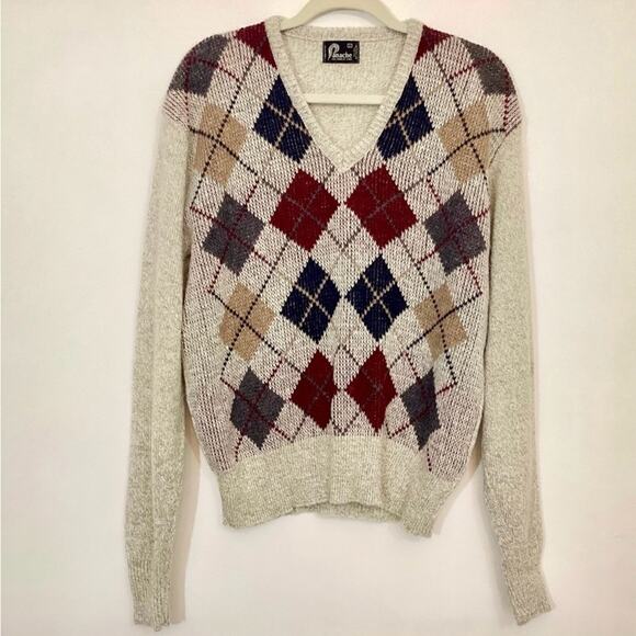 Panache Vintage 80s 90s Shetland Wool Diamond Print VNeck Sweater Sz L Academia - Picture 1 of 8